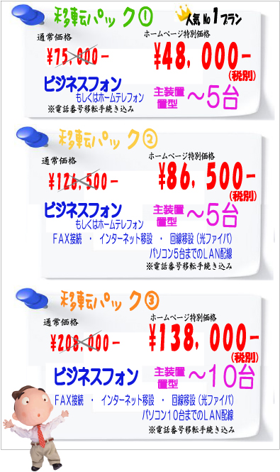 電話機移転パック1 ビジネスフォンもしくはホームテレフォン5台まで48,000円電話番号移転手続き無料 電話機移転パック2 ビジネスフォンもしくはホームテレフォン5台までFAX接続インターネット移転パソコン5台までのLAN配線86,500円電話機移転パック3 ビジネスフォンもしくはホームテレフォン10台までFAX接続インターネット移転パソコン10台までのLAN配線138,000円