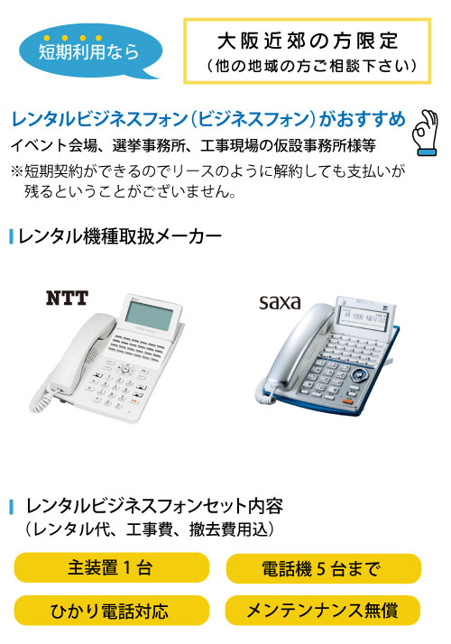 短期利用ならレンタルビジネスフォン(ビジネスホン)がおすすめ！大阪近郊の方限定！他の地域の方ご相談下さい。イベント会場、選挙事務所、工事現場の仮設事務所様等※短期契約ができるのでリースのように解約しても支払いが残るということがございません。レンタル機種取扱メーカーメーカー：NTT、SAXA。レンタルビジネスフォンセット内容レンタル代、工事費、撤去費用込主装置1台・電話機5台まで・ひかり電話対応・メンテナンス無償